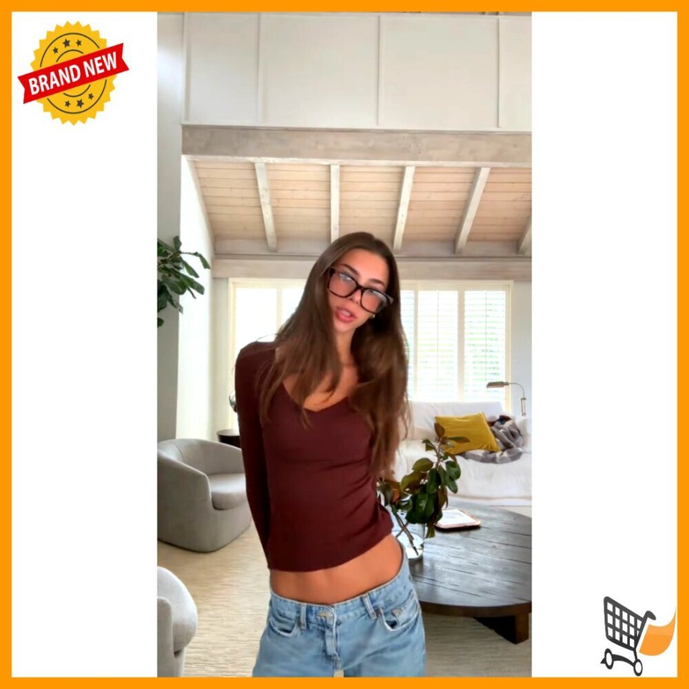 V Neck Fitted Long Sleeve Shirt Soft Knit Tops Y2K Chic Minimal Basic - Picture 7 of 7